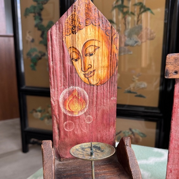 Vintage Rustic Wooden Candle Holders with Buddha and Lotus Design - Picture 2 of 10